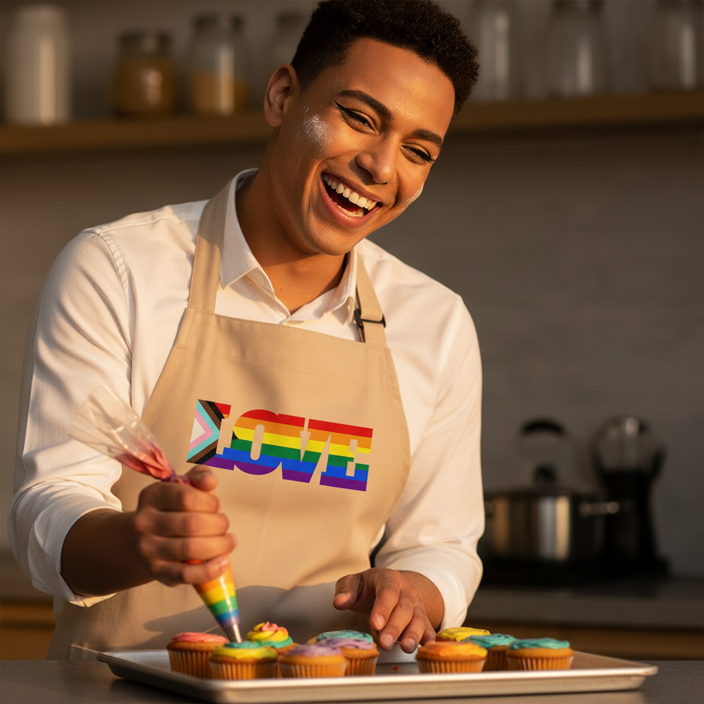 Person decorating rainbow cupcakes while wearing a tan apron with a rainbow LOVE graphic