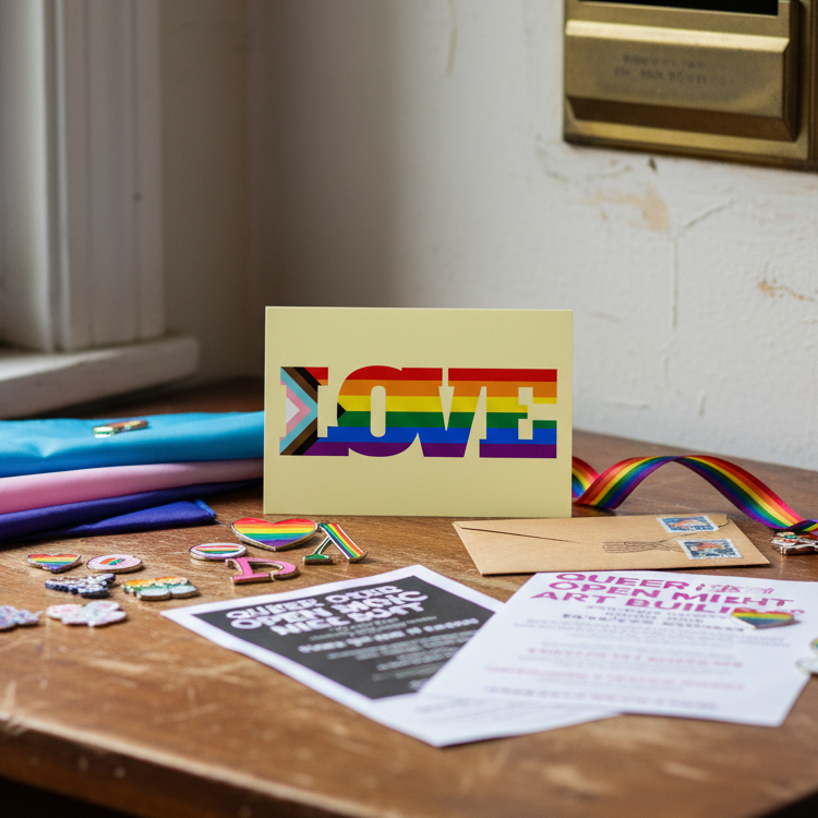 Progress LGBT Love Postcard with “LOVE” in rainbow and Progress Pride colors on a wooden desk, with pride pins, flyers