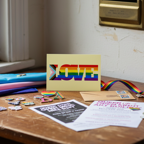 Progress LGBT Love Postcard with “LOVE” in rainbow and Progress Pride colors on a wooden desk, with pride pins, flyers