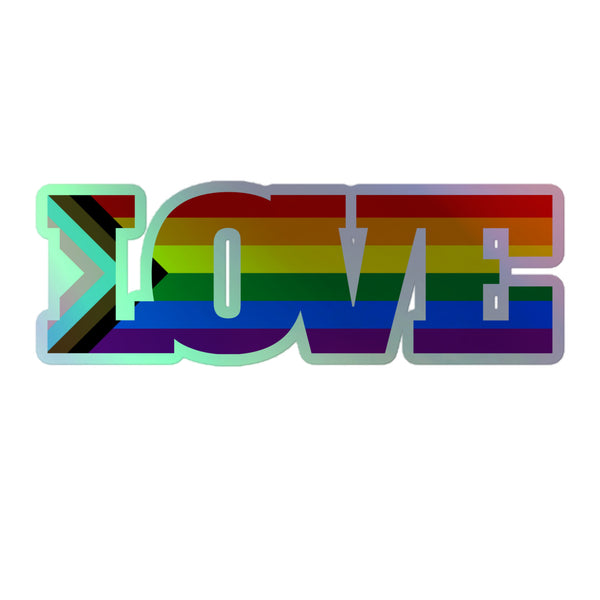 Progress LGBT holographic sticker spells “LOVE” in bold caps, filled with Progress Pride Flag colors, gray outline