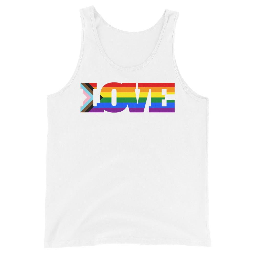 Unisex tank top with bold "LOVE" in all caps; each letter pops in rainbow Pride stripes
