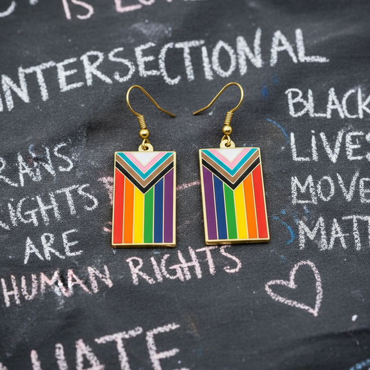 Pair of rectangular Progress Pride flag earrings on a chalkboard with handwritten affirming slogans