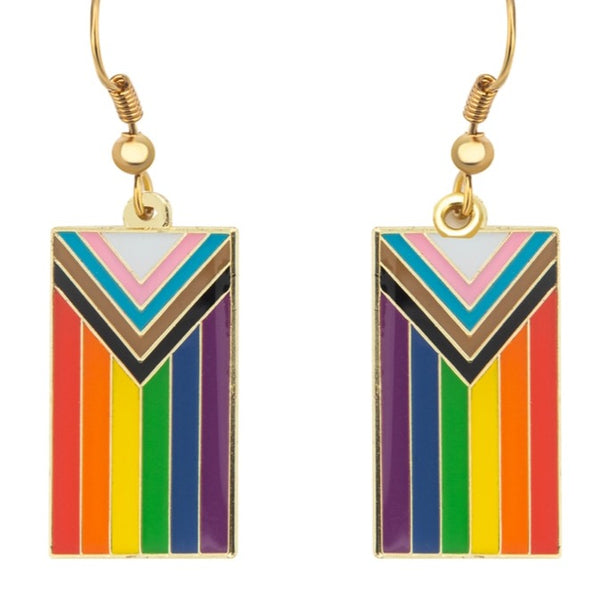 Pair of rectangular Progress Pride flag earrings with gold fishhook wires