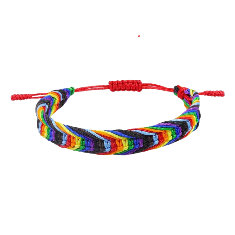 Multicolored braided Pride bracelet with red adjustable sliding knot, shown against white