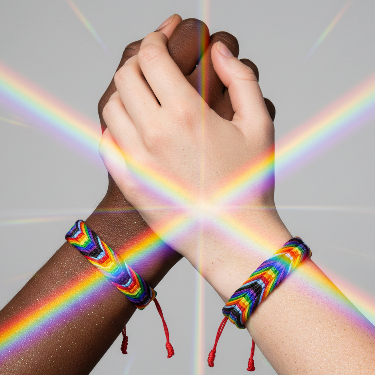 Two interlocked hands wearing matching rainbow chevron friendship bracelets