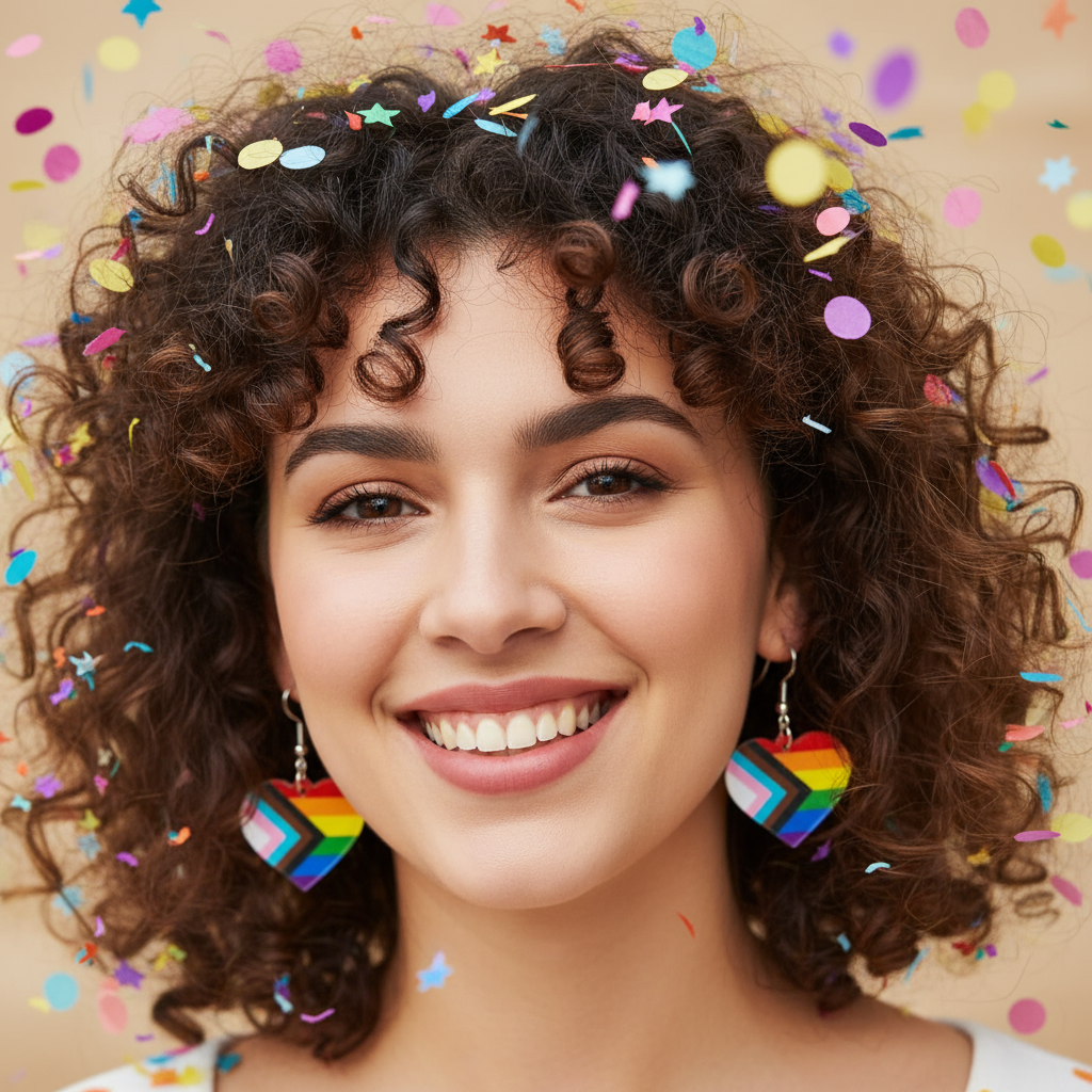 Smiling person in close-up wearing matching Progress Pride heart dangle earrings amid confetti