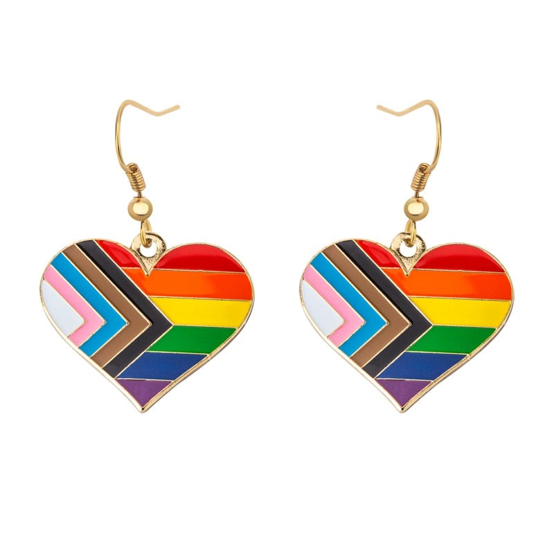 Pair of gold-tone heart drop earrings with Progress Pride flag stripes
