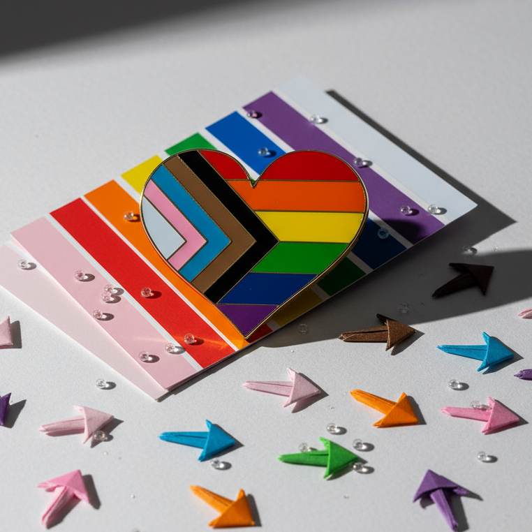Progress Pride heart enamel pin on a rainbow-striped card with colorful paper arrows