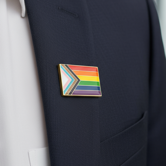 Progress Pride enamel pin worn on the lapel of a dark blazer