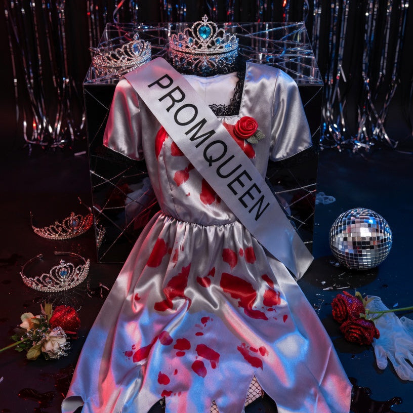 Corpse Bride prom queen costume displayed with tiaras, a PROM QUEEN sash, roses, and disco decor