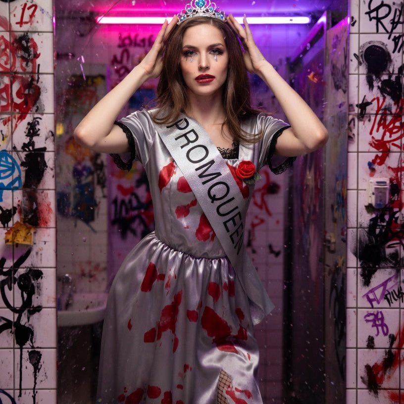 Corpse Bride Prom Queen costume with smudged makeup and “PROM QUEEN” sash, serving in a neon purple-pink graffiti bathroom.