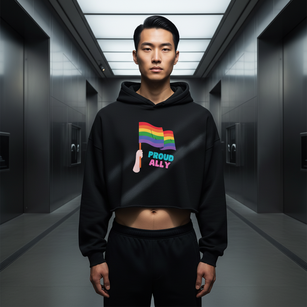 Proud Ally Crop Hoodie with rainbow flag and “Proud Ally” text, worn by a young man in black pants; queer vibe, serious look.