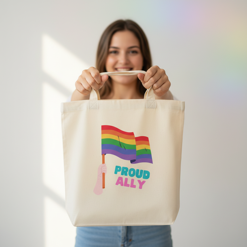 Eco tote bag in cream organic cotton, showing a hand with rainbow pride flag and “PROUD ALLY” in bold colors