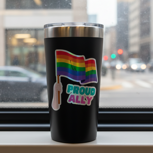 Black tumbler on a windowsill, rocking a holographic sticker: fist raised