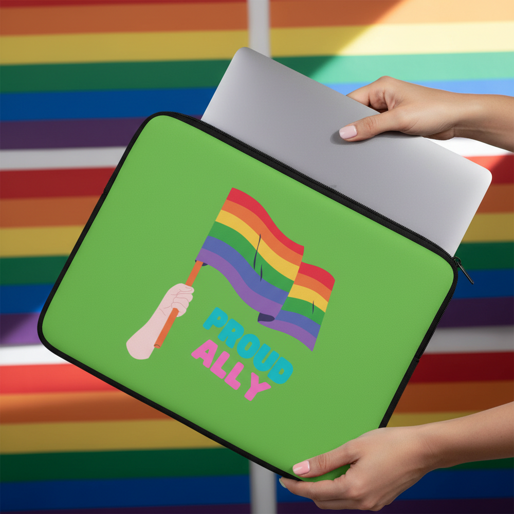 Proud Ally laptop sleeve with a rainbow Pride flag and pink-and-blue “Proud Ally” text