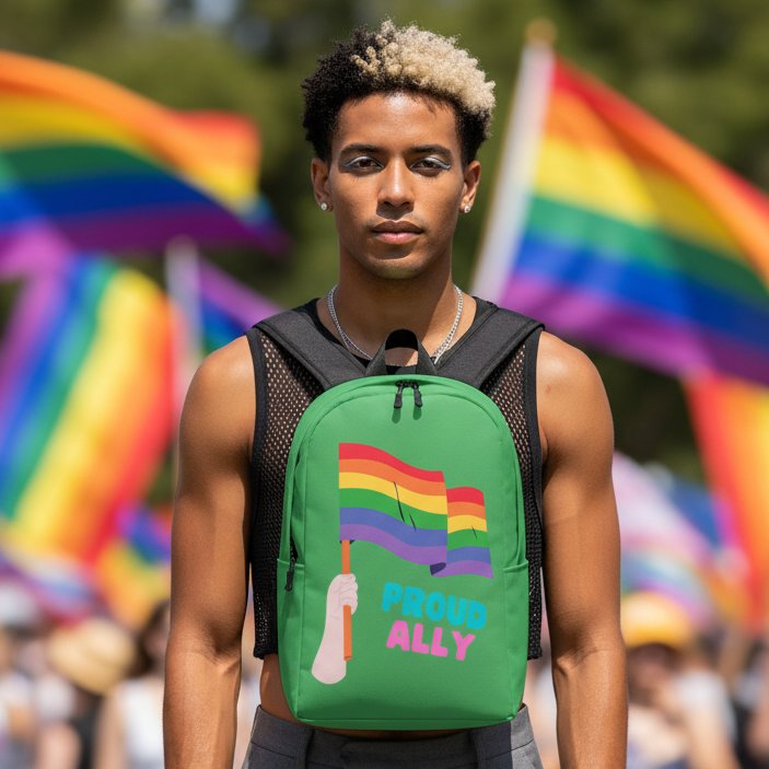 Proud Ally Minimalist Backpack with "PROUD ALLY" and a rainbow flag. Young queer man outside, rainbow flags waving at pride.