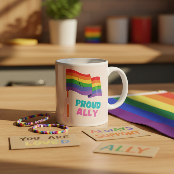 Proud Ally mug with rainbow flags, bracelets, and supportive cards on a wooden table