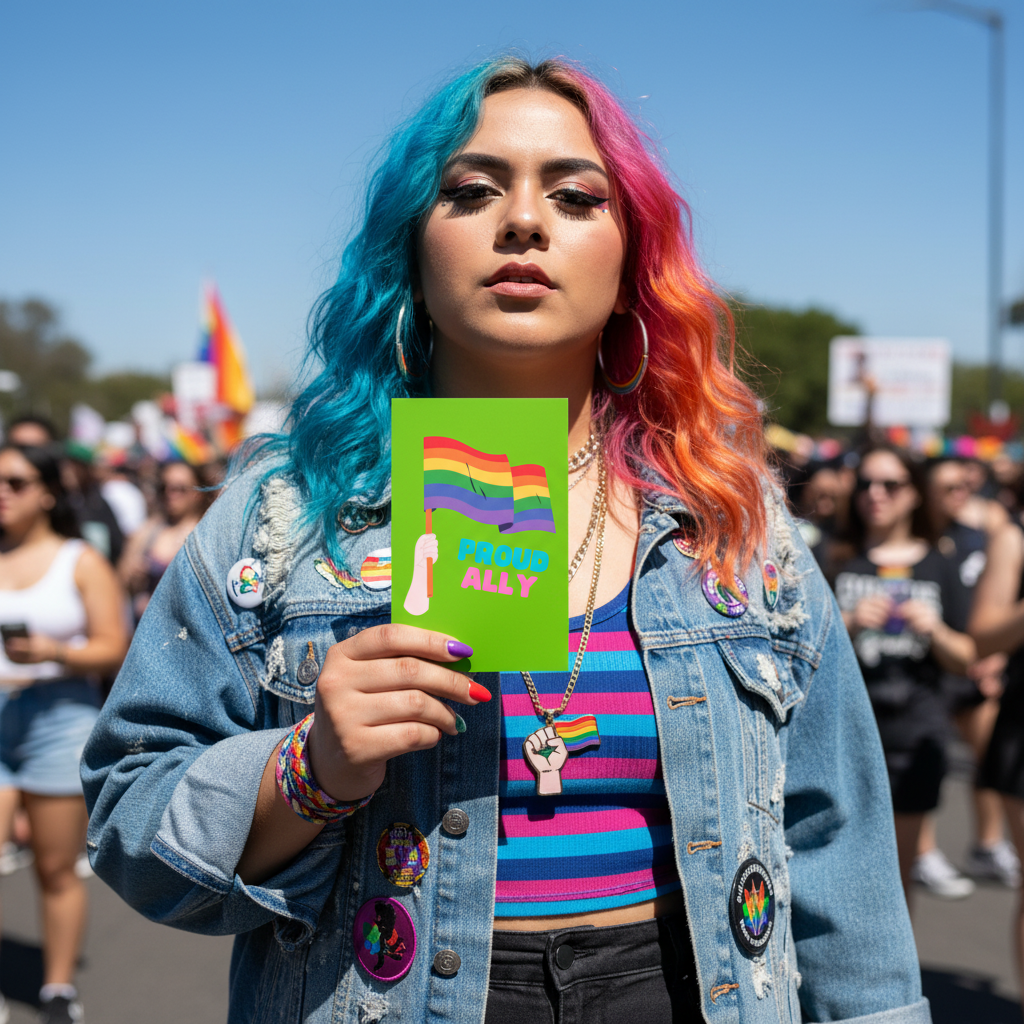 Proud Ally Postcard held by a person with half-blue, half-orange hair in pride gear