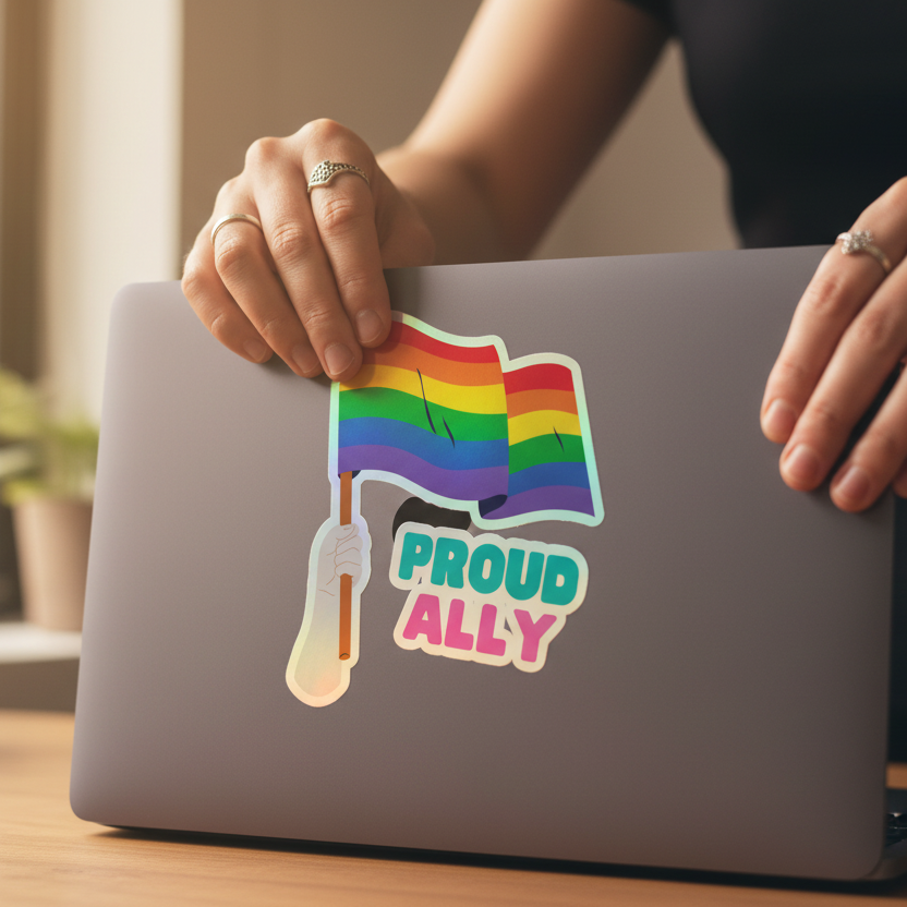 Holographic Proud Ally sticker with a hand hoisting a rainbow flag over "PROUD ALLY" is placed