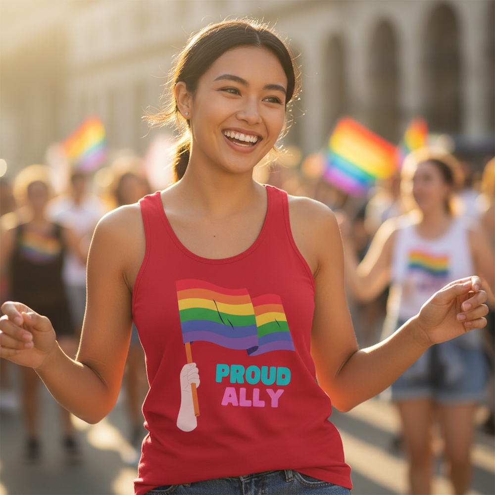 Proud Ally Unisex Tank Top with rainbow flag and "Proud Ally" slogan, worn at a sunny pride parade among rainbow flags.