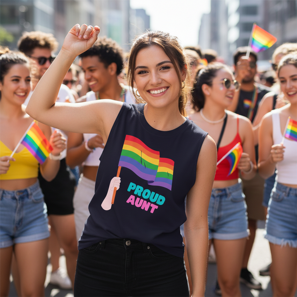 Proud Aunt muscle top with bold rainbow flag design, rocked by a grinning person at Pride