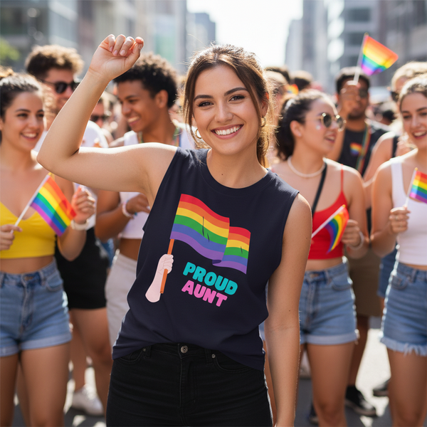 Proud Aunt muscle top with bold rainbow flag design, rocked by a grinning person at Pride