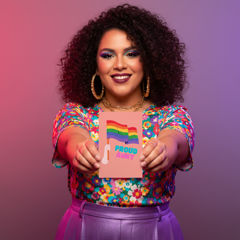 Proud Aunt Postcard with a rainbow flag, held by a smiling, curly-haired person in a floral top, purple pants, hoops