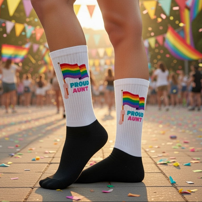 Crew-length “PROUD AUNT” socks with rainbow flags, worn at a confetti-strewn Pride parade among bunting and a diverse crowd.