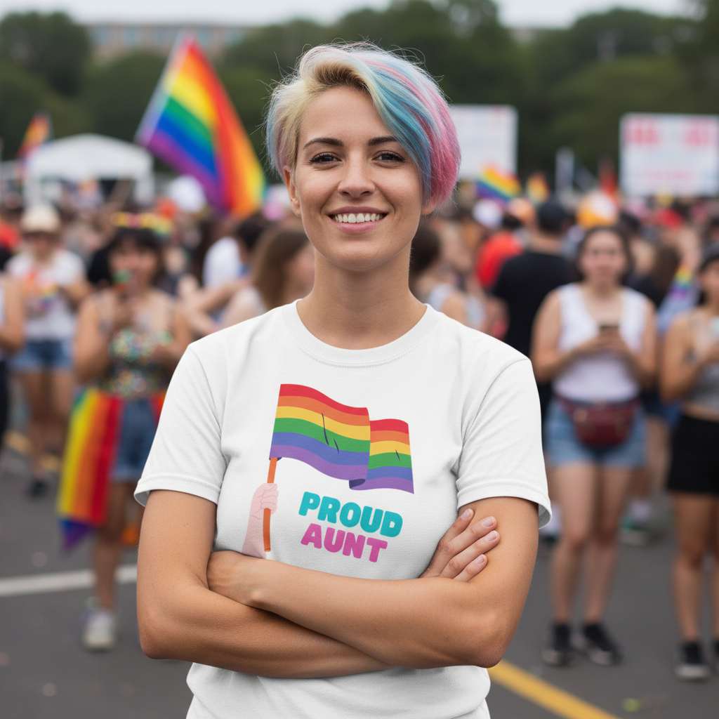 Proud Aunt T-Shirt with “Proud Aunt” and a rainbow flag, worn by a person with short rainbow hair at Pride