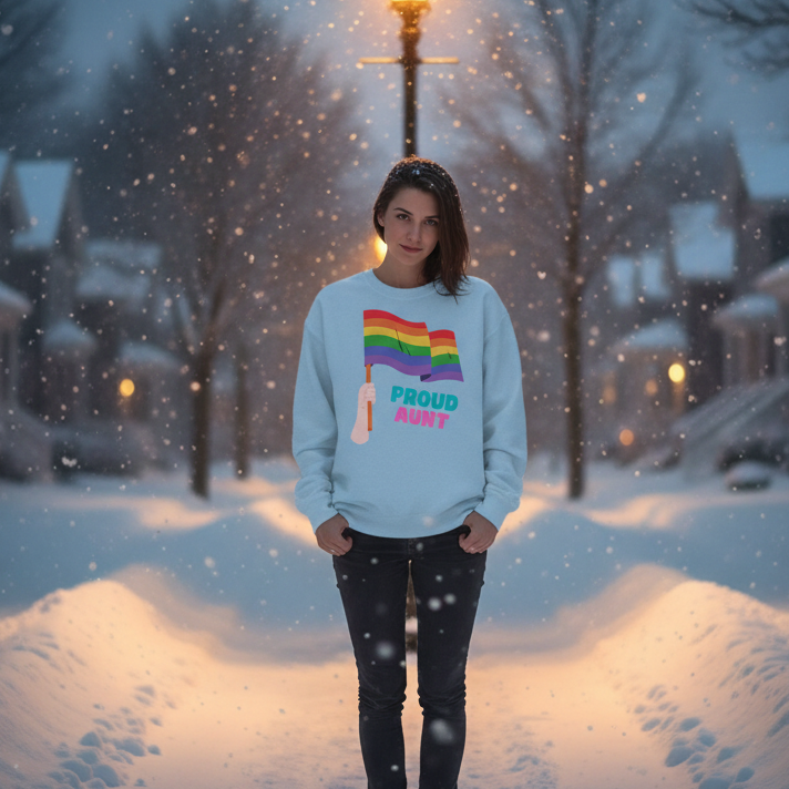 Person wearing a light blue sweatshirt with a rainbow flag and “PROUD AUNT” text in falling snow