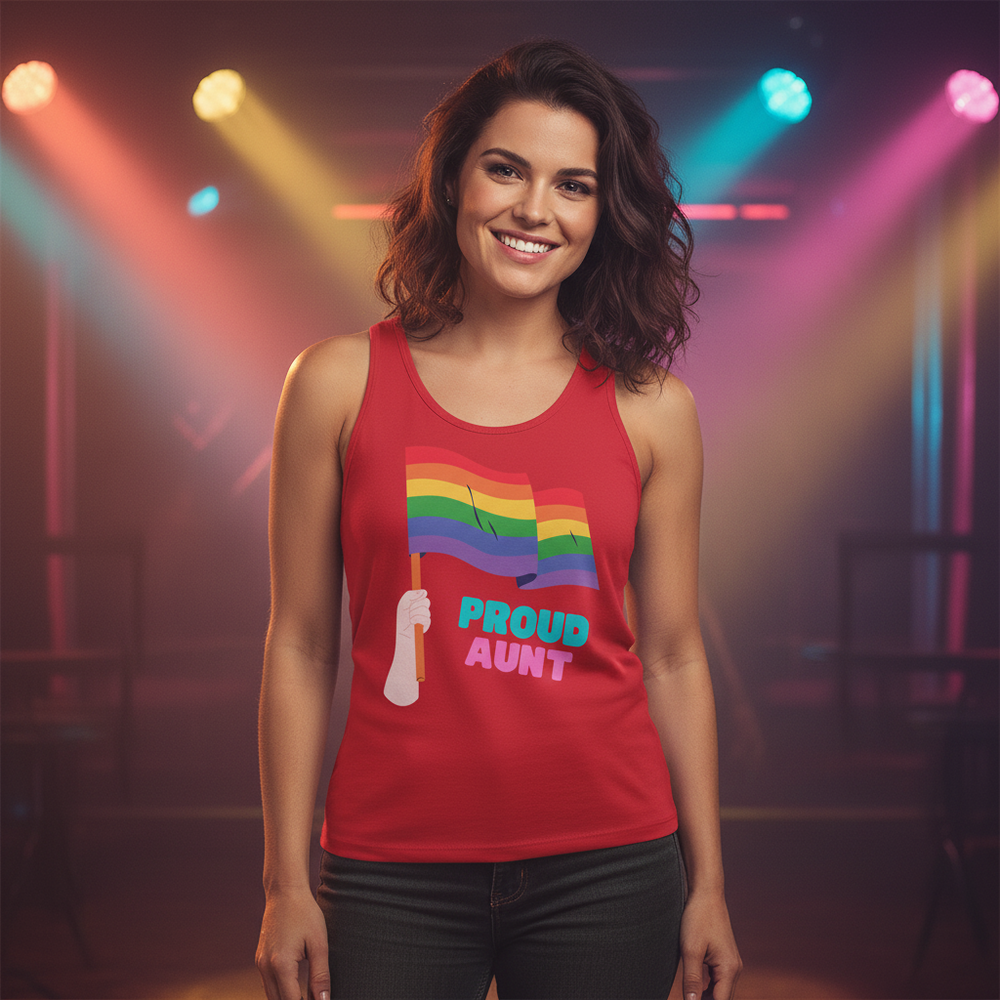 Proud Aunt Unisex Tank Top with a bold red print, rainbow flag, and “Proud Aunt” text