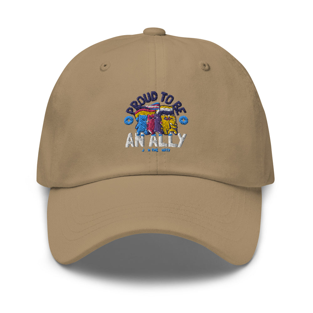 Front view of a tan cap embroidered with “PROUD TO BE AN ALLY” and colorful flags