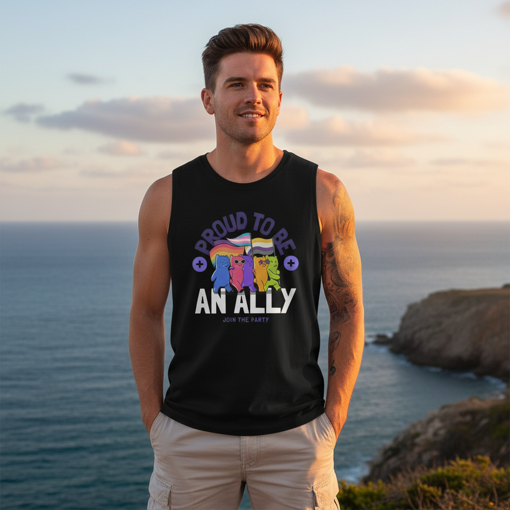 Person wearing a black muscle tank reading “Proud to Be an Ally” by the ocean