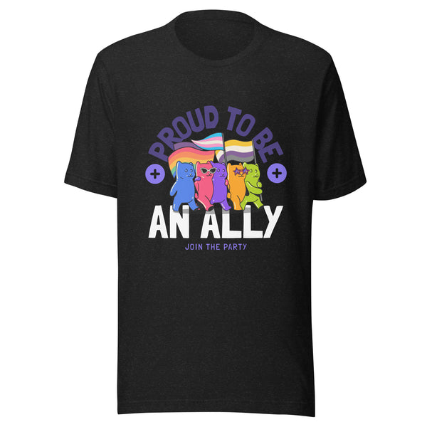 Proud To Be An Ally T-Shirt with three vibrant cartoon bears waving Pride flags, bold 