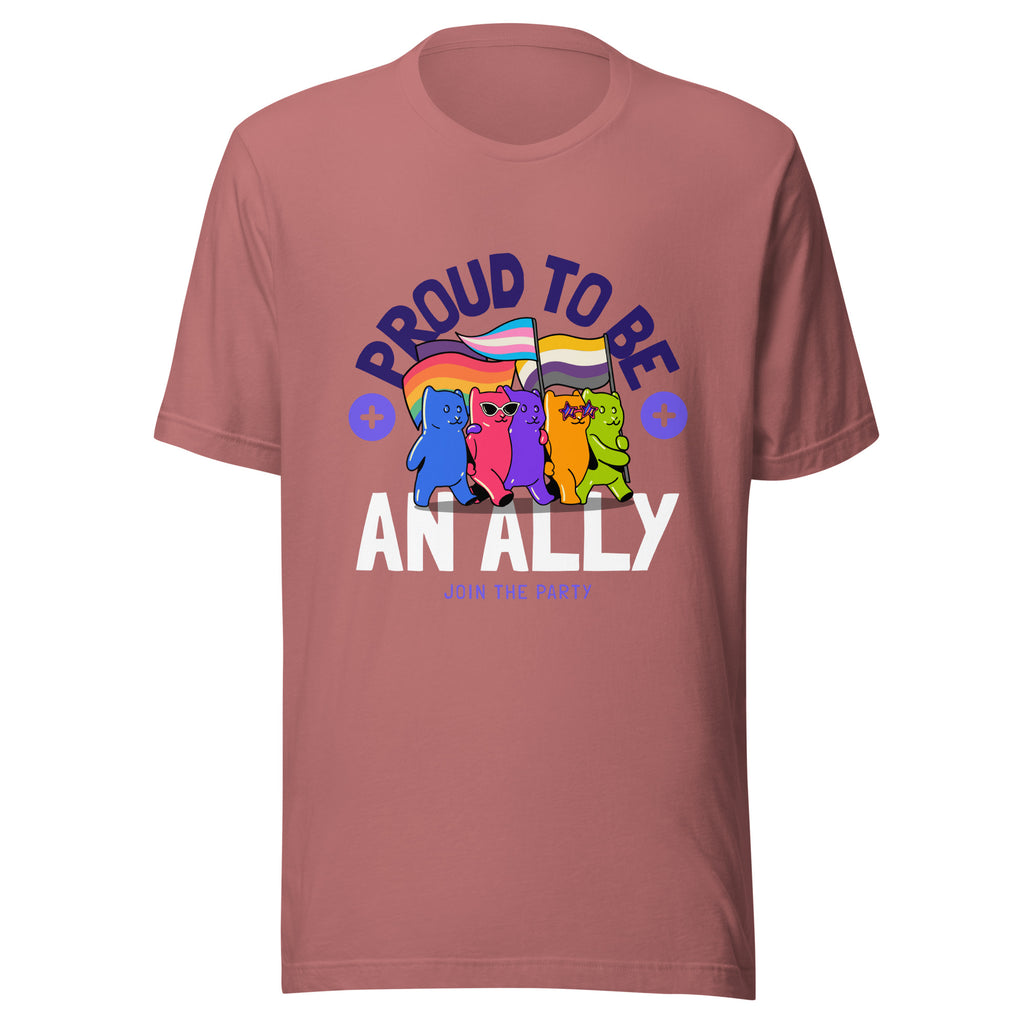 Proud To Be An Ally T-Shirt with three bright cartoon cats holding pride flags, bold slogan PROUD TO BE over AN ALLY