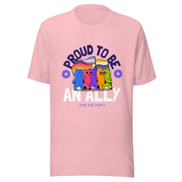Light-pink Proud To Be An Ally T-Shirt featuring five vibrant cartoon cats with pride flags