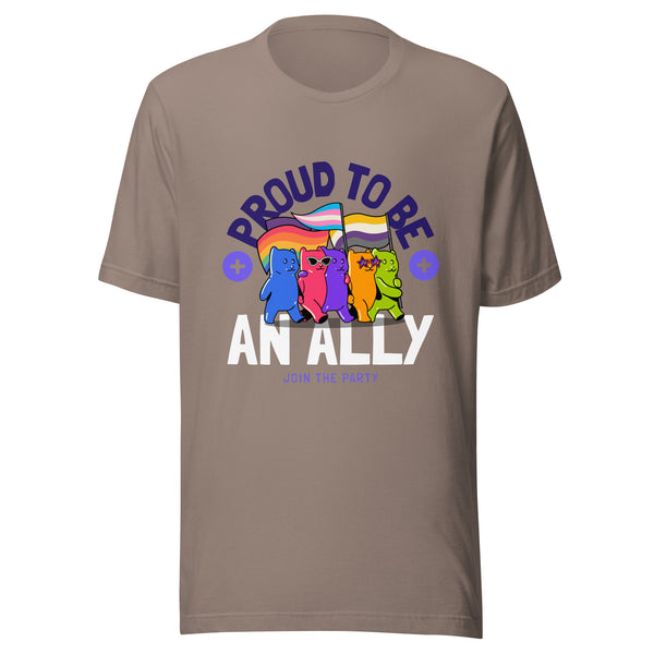 Front view of a taupe T-shirt reading “PROUD TO BE AN ALLY” with colorful bears and Pride flags