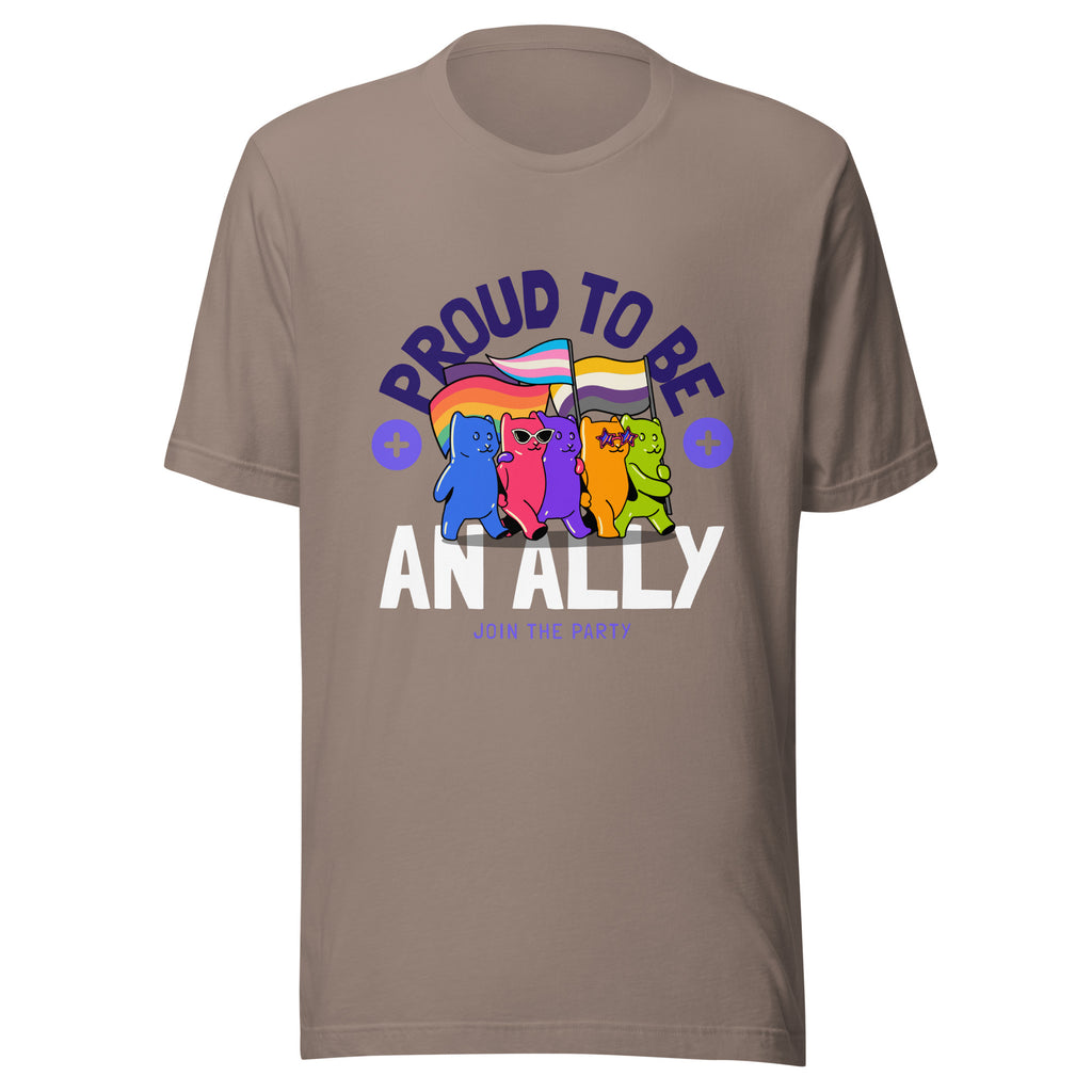 Front view of a taupe T-shirt reading “PROUD TO BE AN ALLY” with colorful bears and Pride flags