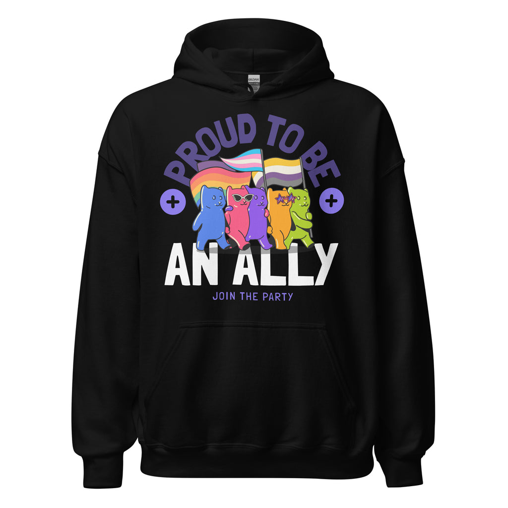 Black unisex hoodie with three cartoon cats, LGBTQ+ and trans pride flags