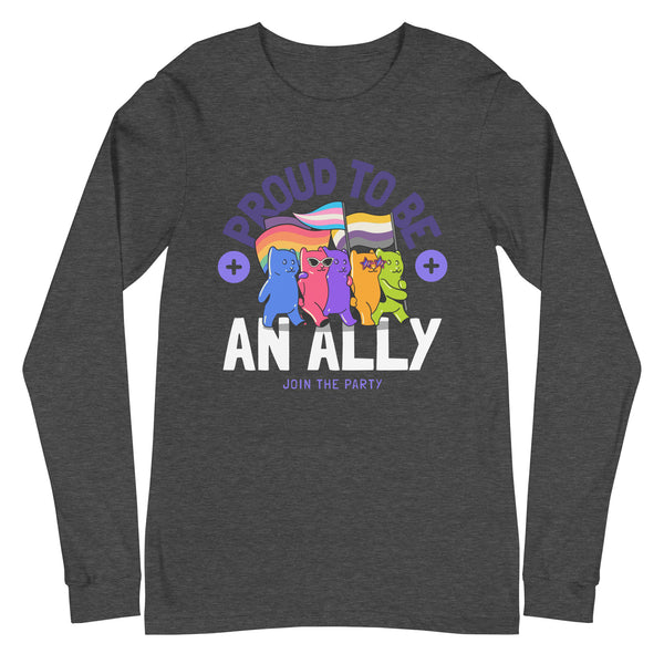 Front view of a charcoal long-sleeve shirt reading “PROUD TO BE AN ALLY” with cats and pride flags