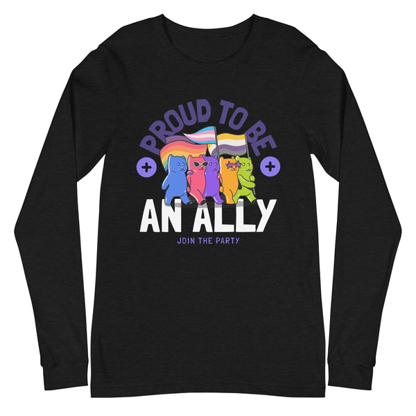 Front view of a black long-sleeve shirt reading “PROUD TO BE AN ALLY” with colorful cats and flags