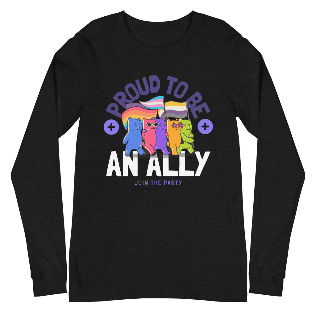 Front view of a black long-sleeve shirt reading “PROUD TO BE AN ALLY” with colorful cats and flags