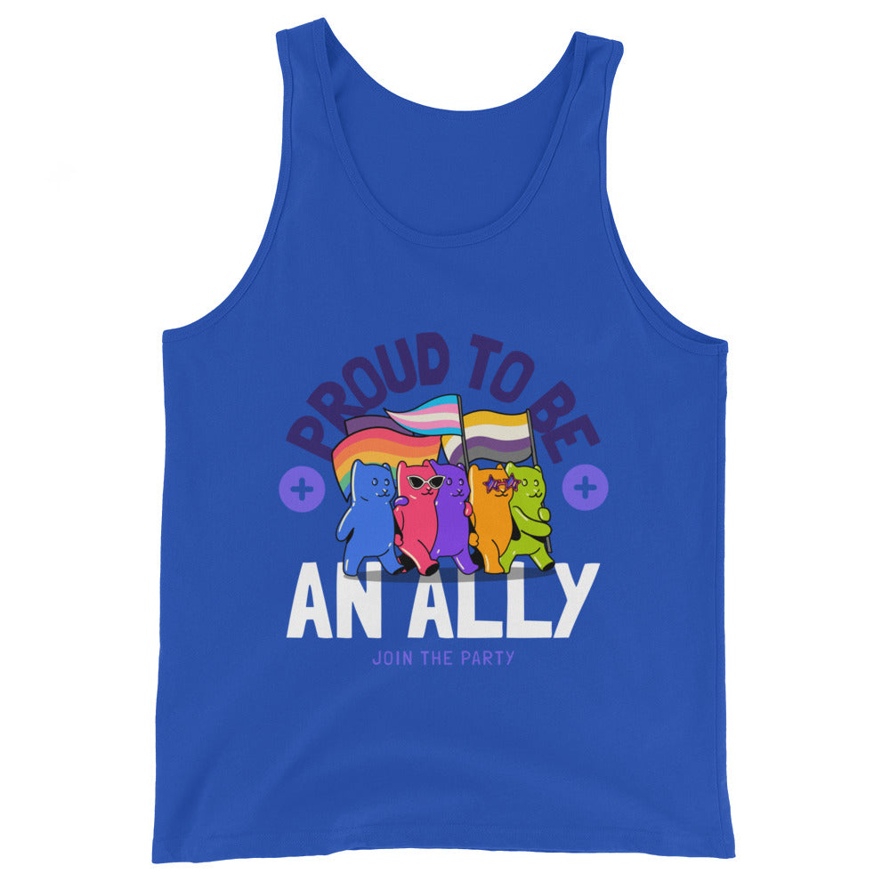 Blue tank top with rainbow-flag cats and the text “PROUD TO BE AN ALLY”