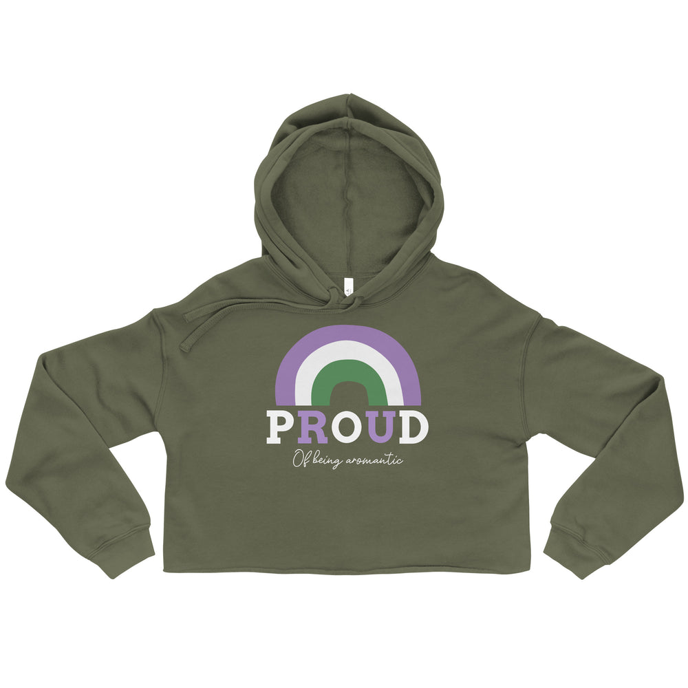 Front view of an olive-green cropped hoodie reading “PROUD Of being aromantic” beneath a purple, white, and green arch.