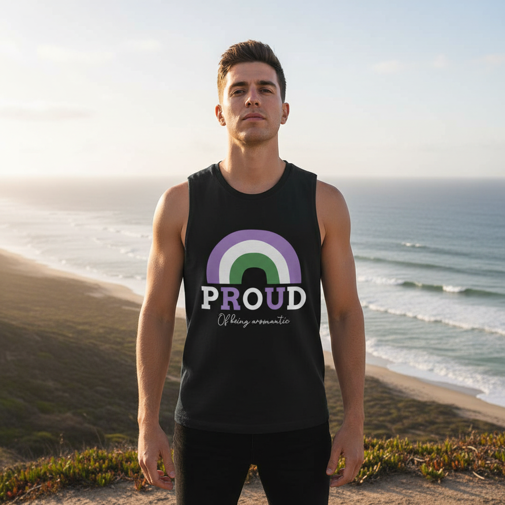 Front-facing person wearing a black muscle tank reading “PROUD Of Being aromantic” by the ocean