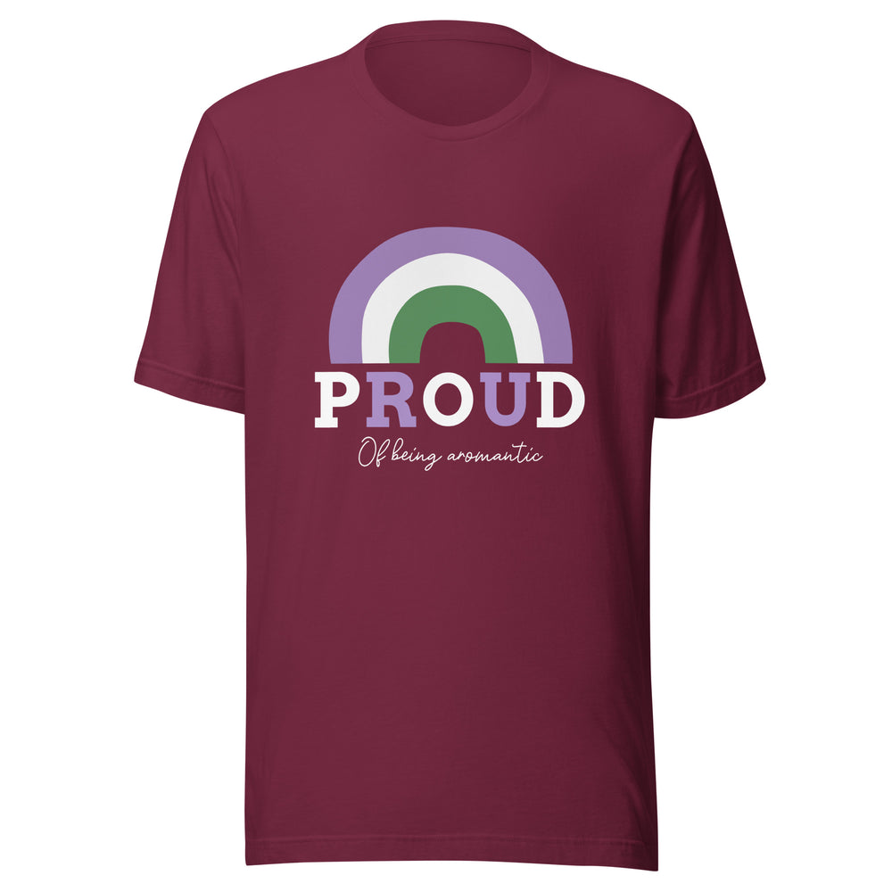 Front-facing burgundy T-shirt reading “PROUD Of being aromantic” beneath a rainbow-like arch