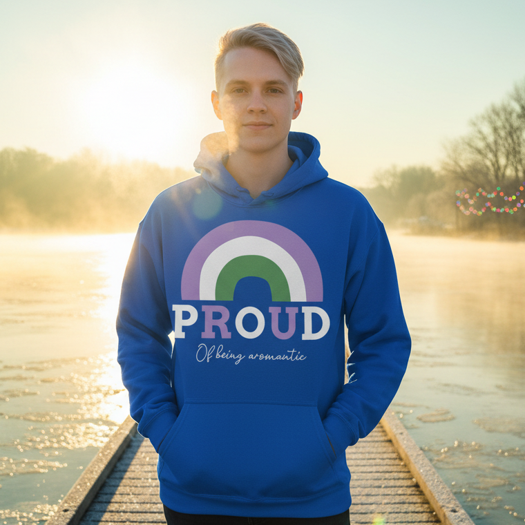 Person wearing a blue hoodie reading “PROUD Of Being aromantic” by a sunlit lake