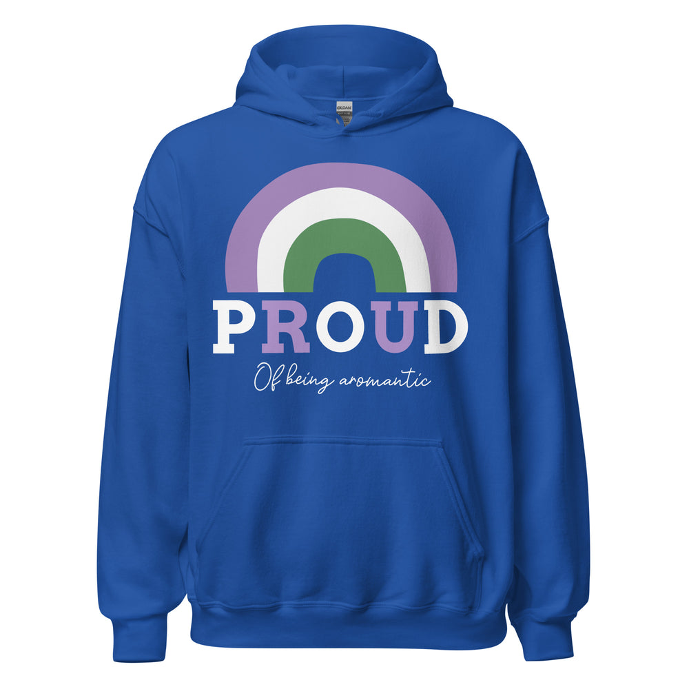 Front-facing royal-blue hoodie with an arch graphic and the words “PROUD Of being aromantic”