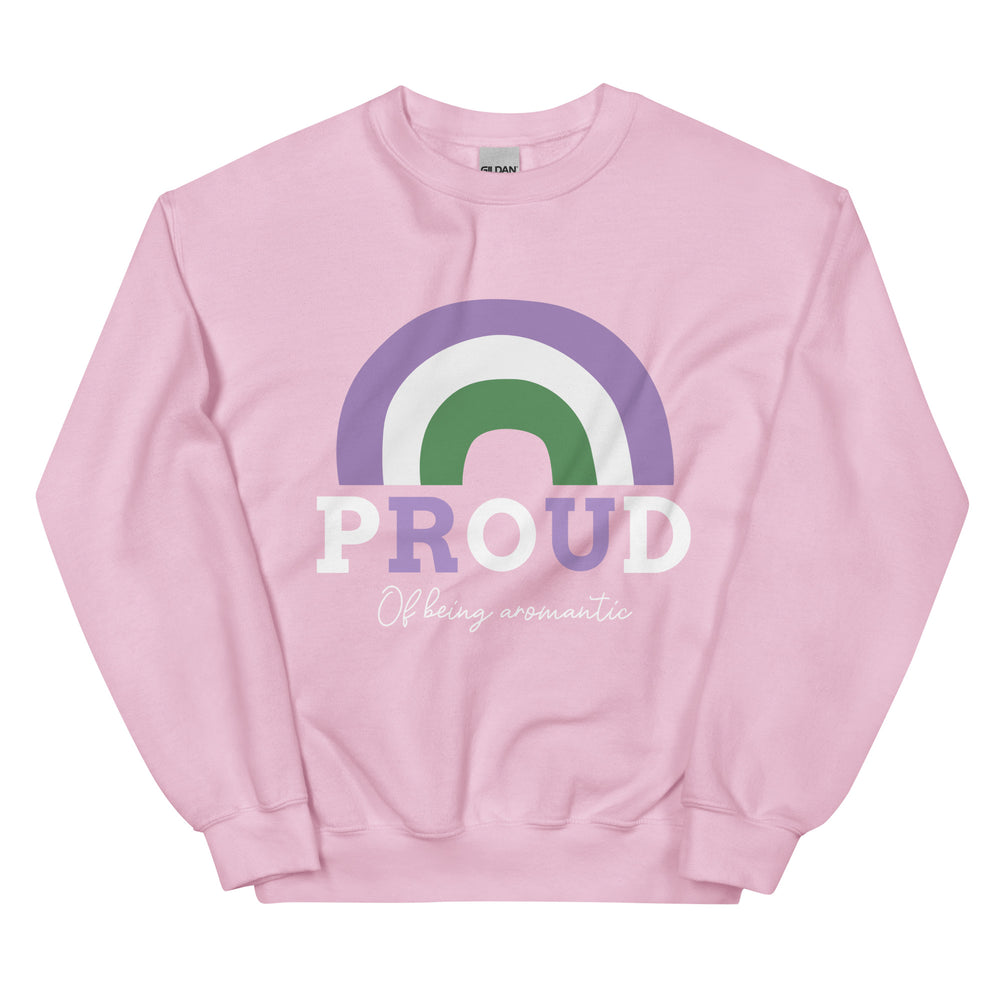 Light pink Gildan crewneck sweatshirt with an aromantic rainbow in purple, white, and green