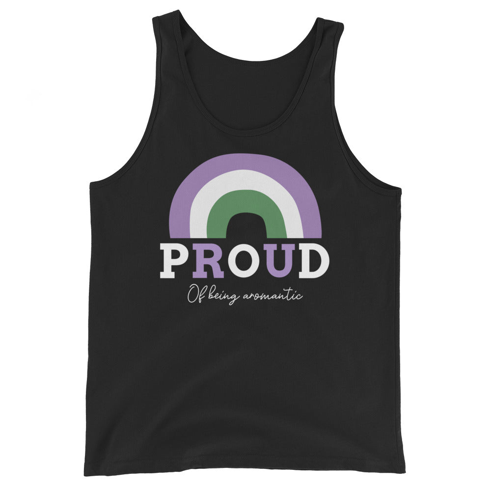 Front view of a black tank top reading “PROUD Of being aromantic” with a rainbow arch